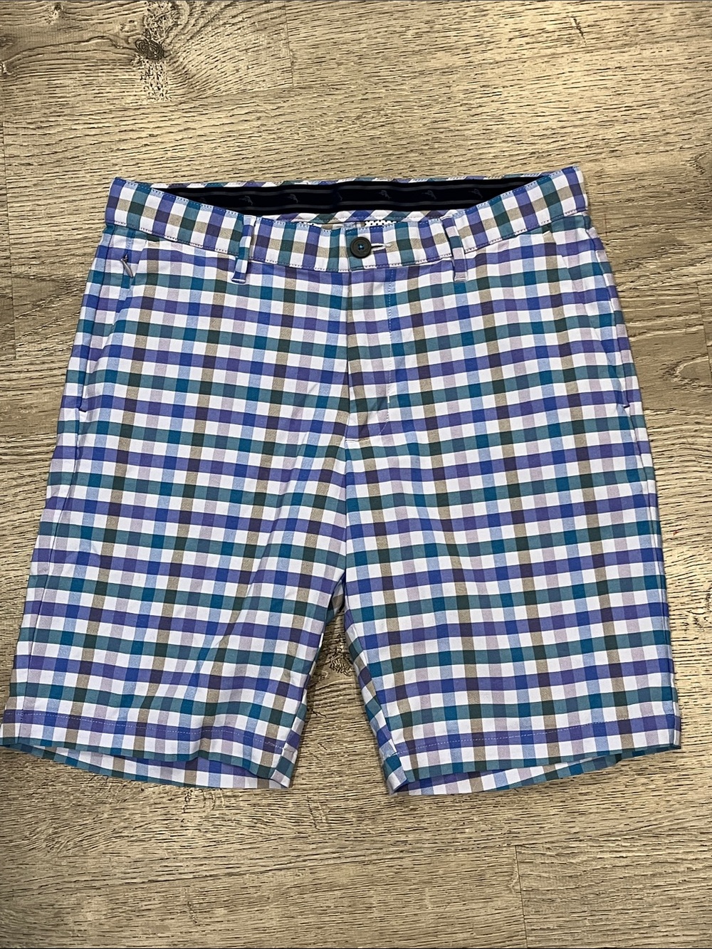 Tommy Bahama Blue, Green & White Plaid Flat Front Shorts